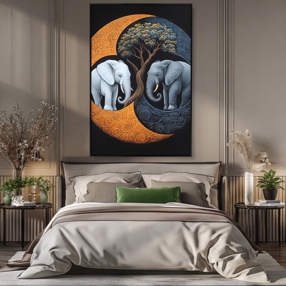 Tablou canvas cu tablou canvas cu elefanti si yin si yang, in rama de aluminiu negru, pe perete intr-un dormitor